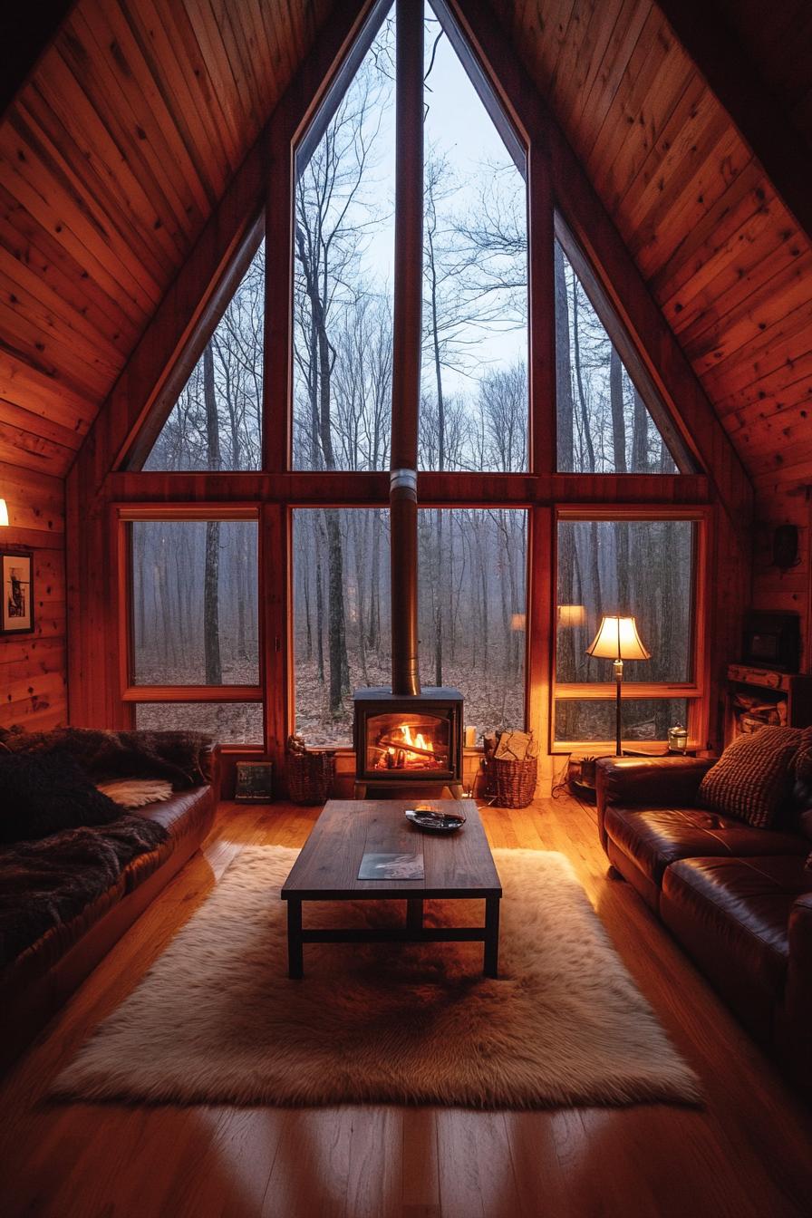 interior of a frame cabin with full wall windows a small metal wood burning stove hanging from pipe chimney is against the window natural wood 1