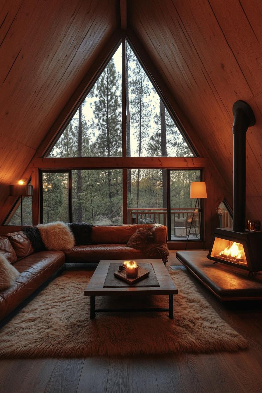 interior of a frame cabin with full wall windows a small metal wood burning stove hanging from pipe chimney is against the window natural wood 2