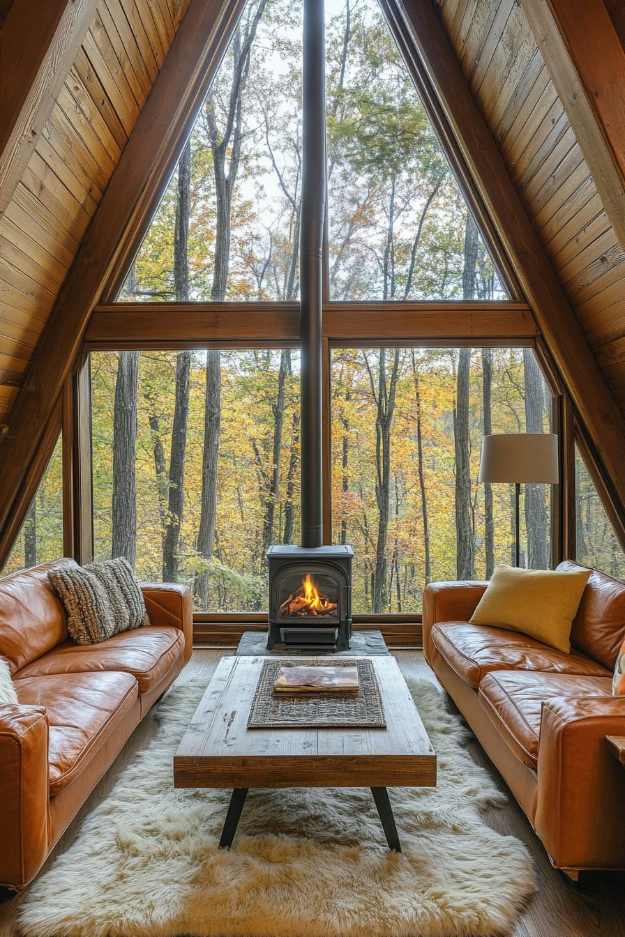 interior of a frame cabin with full wall windows a small metal wood burning stove hanging from pipe chimney is against the window natural wood 3