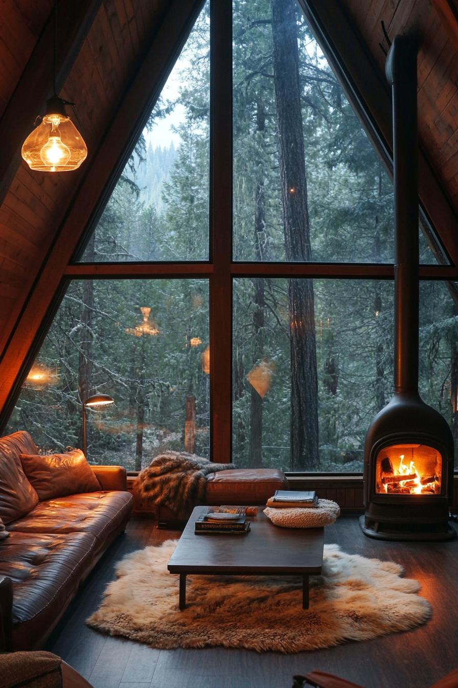 interior of a frame cabin with full wall windows a small metal wood burning stove hanging from pipe chimney is against the window natural wood