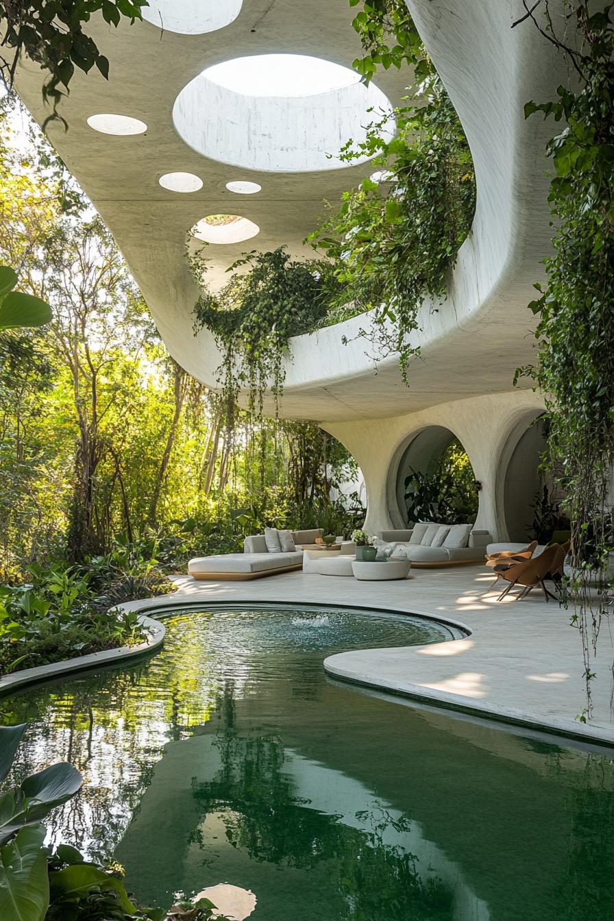 large white concrete pavillion with geometric ceiling over a curvy river pool overgrown with vines climbers runner plants lush greenery there is 1