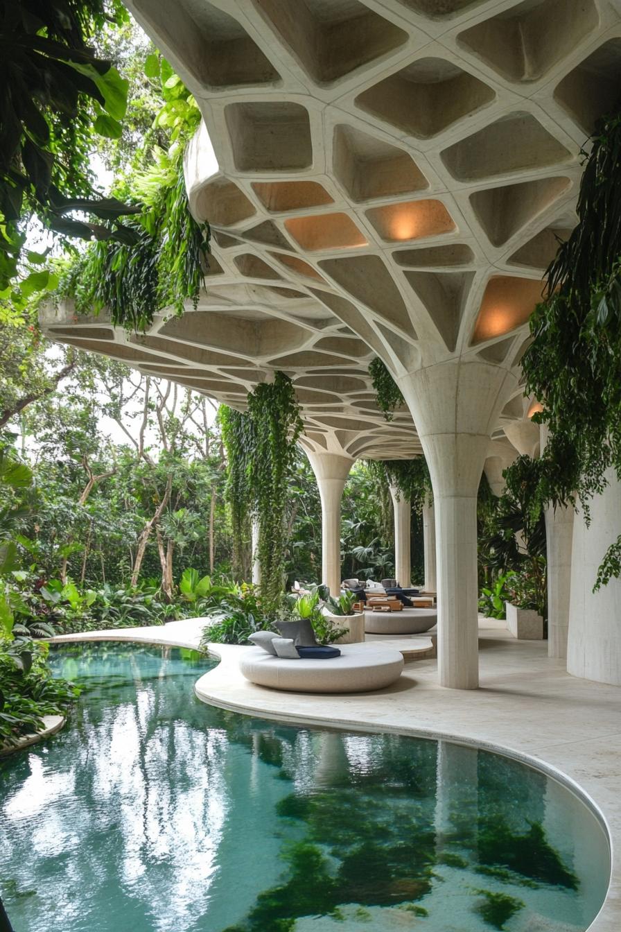 large white concrete pavillion with geometric ceiling over a curvy river pool overgrown with vines climbers runner plants lush greenery there is 2