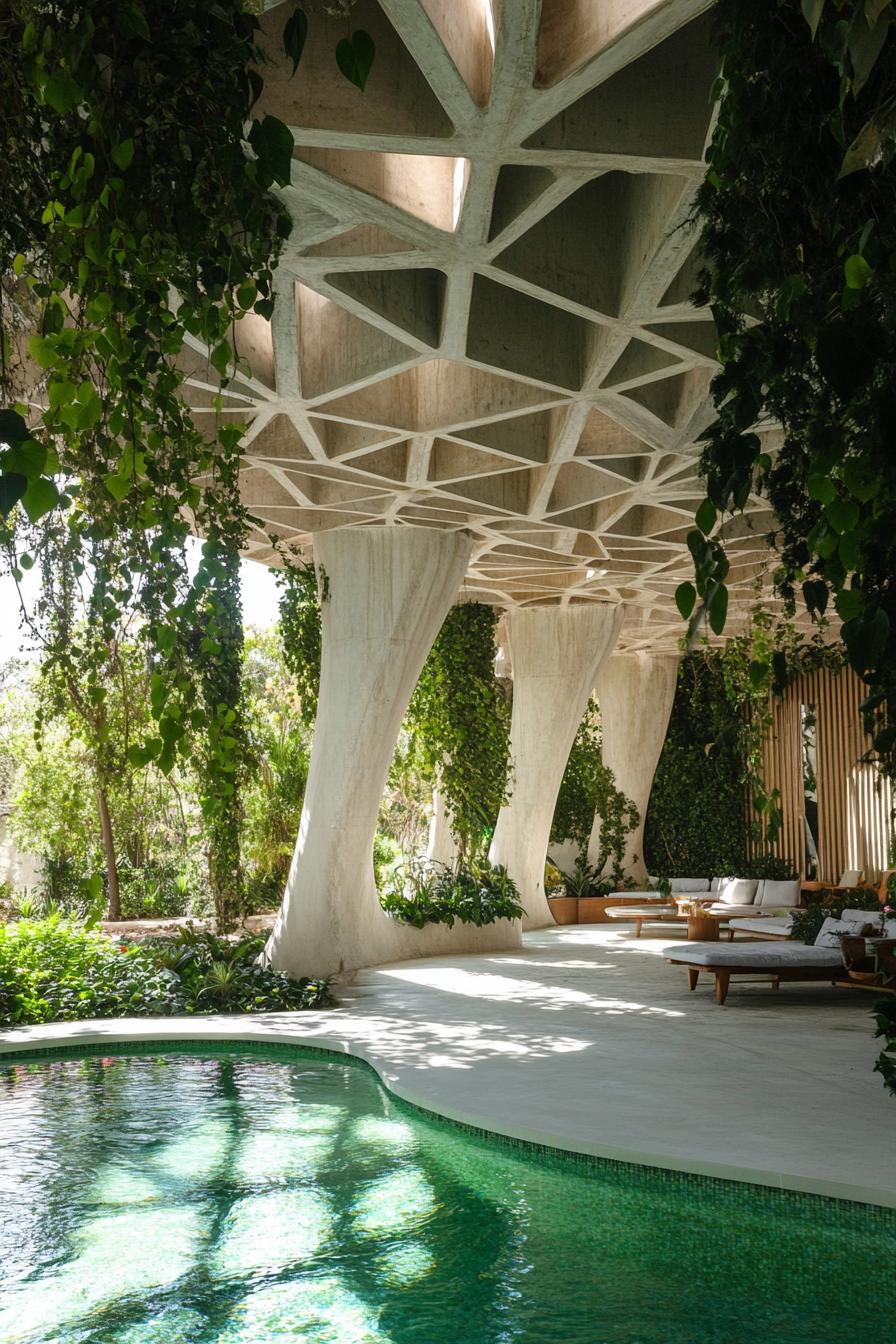 large white concrete pavillion with geometric ceiling over a curvy river pool overgrown with vines climbers runner plants lush greenery there is 3