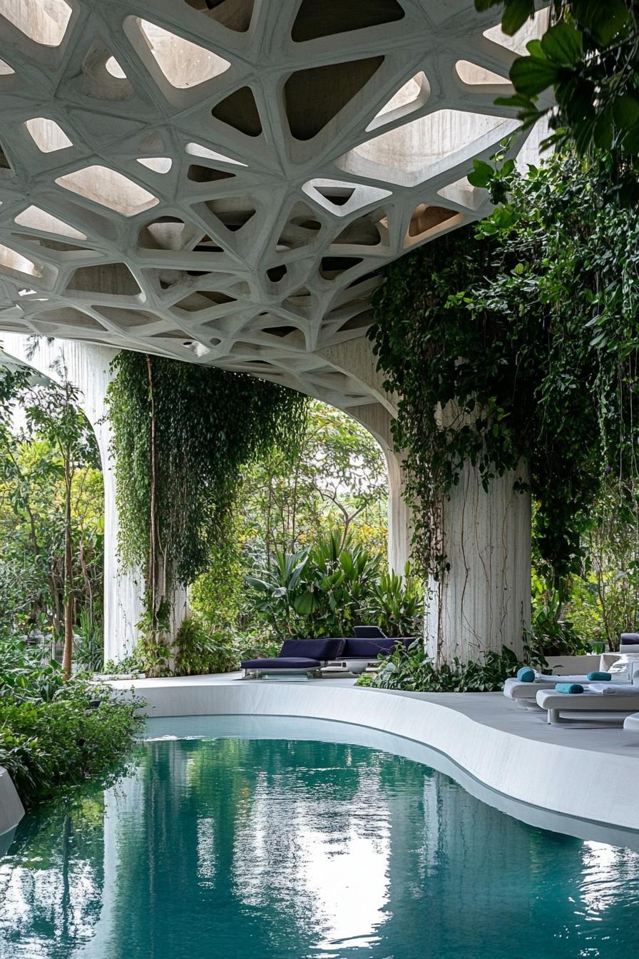 large white concrete pavillion with geometric ceiling over a curvy river pool overgrown with vines climbers runner plants lush greenery there is