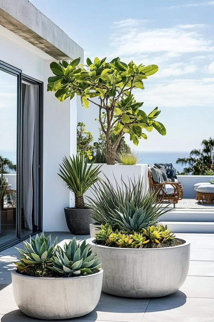 moder rooftop terrace of white villa concrete planters with succulents and leafy plants concrete paved terrace sliding door to living area 1