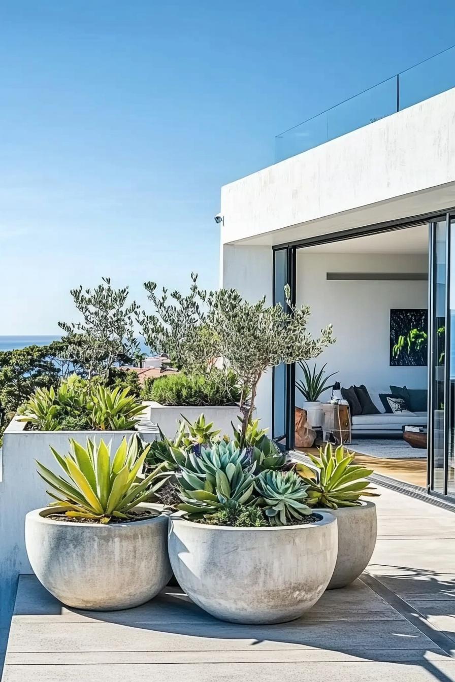 moder rooftop terrace of white villa concrete planters with succulents and leafy plants concrete paved terrace sliding door to living area