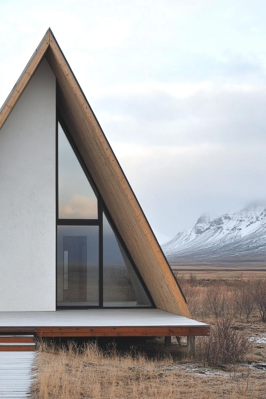 A contemporary A-frame house with wooden accents set against a snowy mountain backdrop