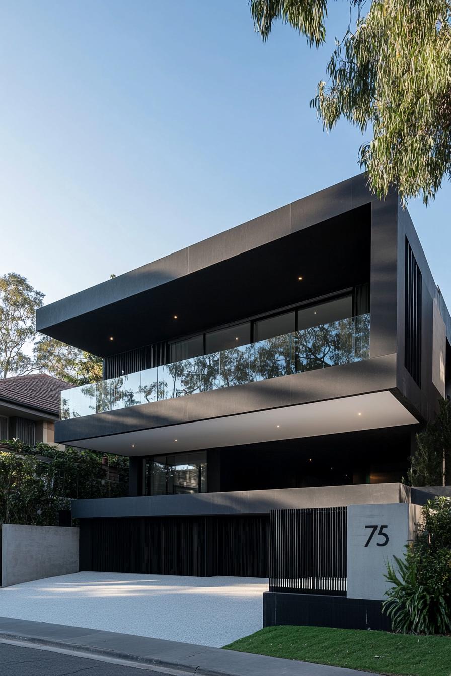 modern blocked black and white house with triple carport rectangular columns house number 75 on the front fence v 6.1