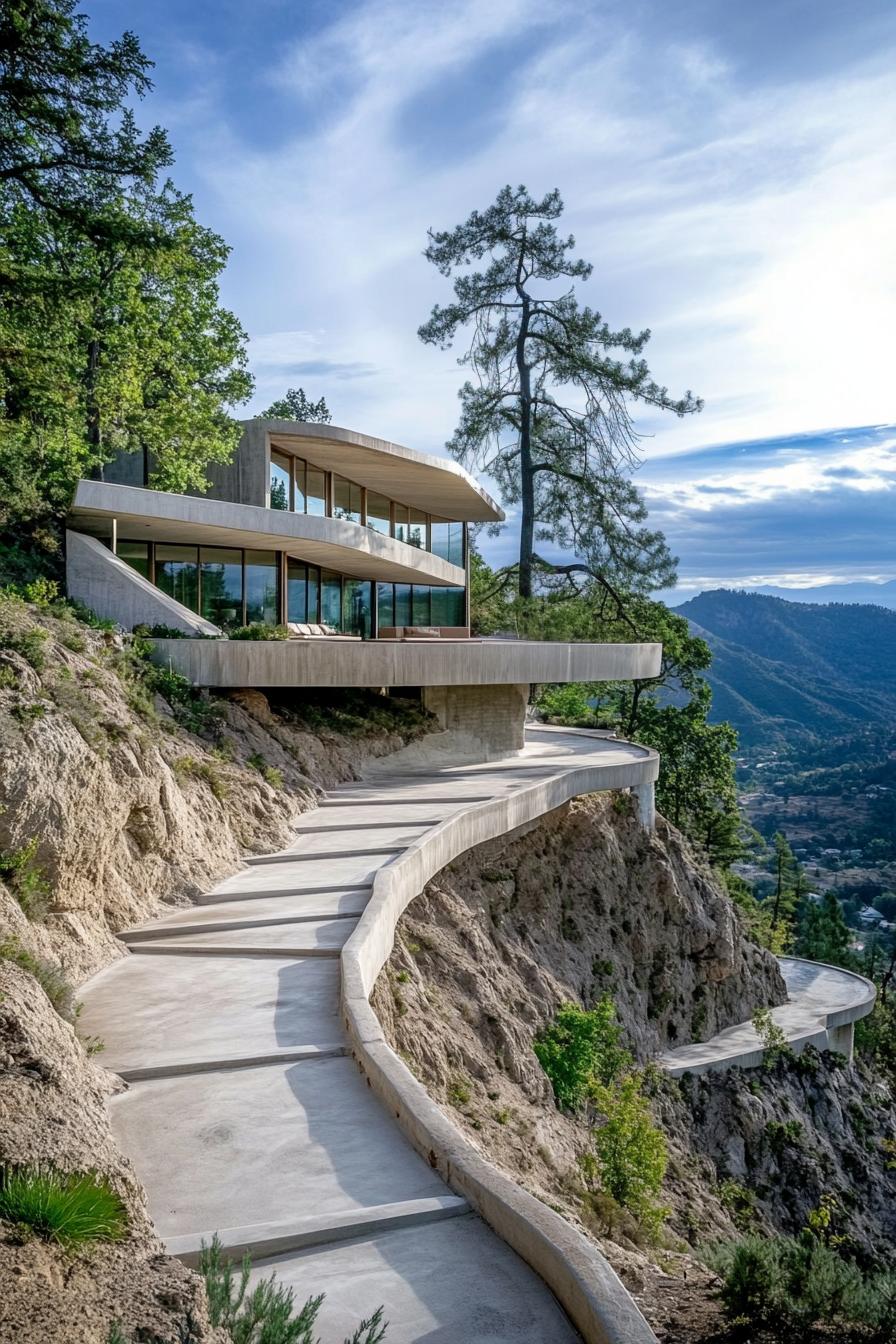 modern concrete cliffside slope house with cascading terraces path on the slope leads to the house from above v 6.1 1