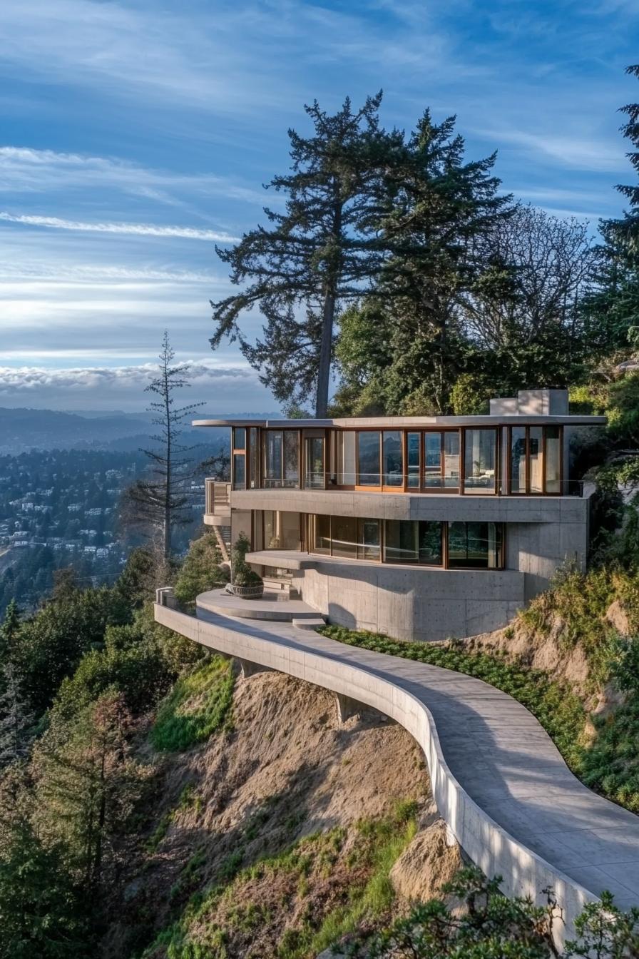 modern concrete cliffside slope house with cascading terraces path on the slope leads to the house from above v 6.1