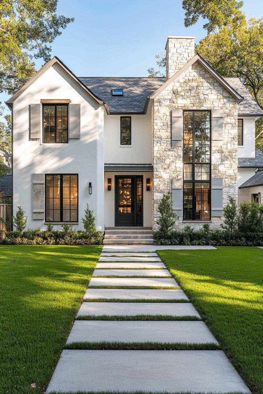 modern cotteage facade white on the left stone mosaic on the right large white windows grey shutters on the stone mosaic side of the house front 1