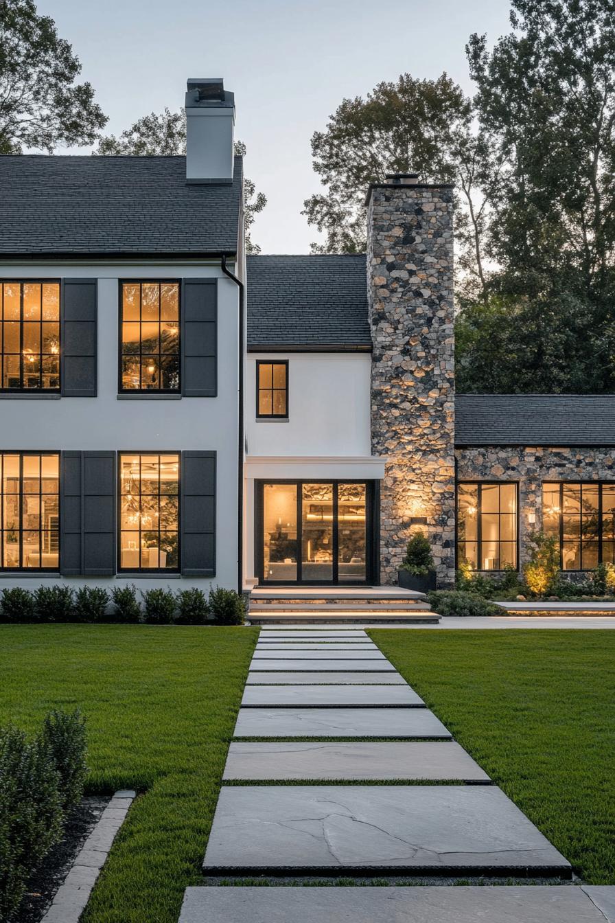 modern cotteage facade white on the left stone mosaic on the right large white windows grey shutters on the stone mosaic side of the house front 2