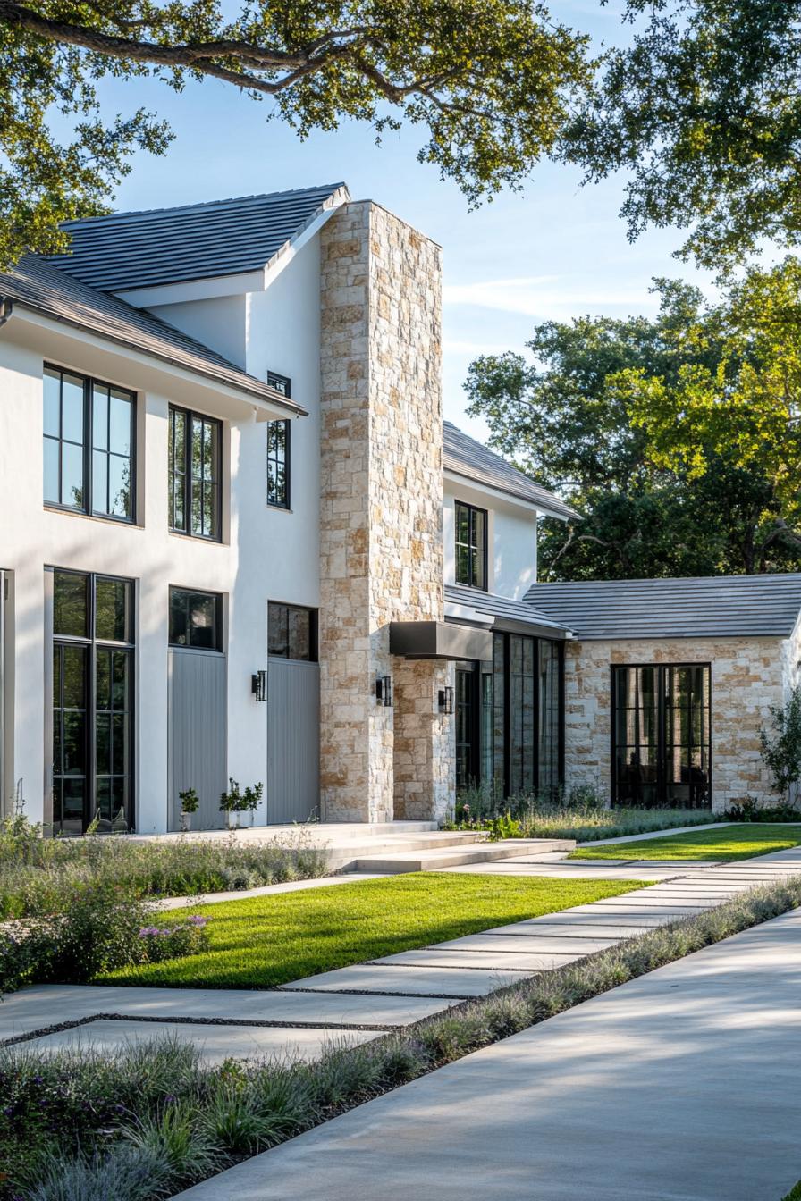 modern cotteage facade white on the left stone mosaic on the right large white windows grey shutters on the stone mosaic side of the house front