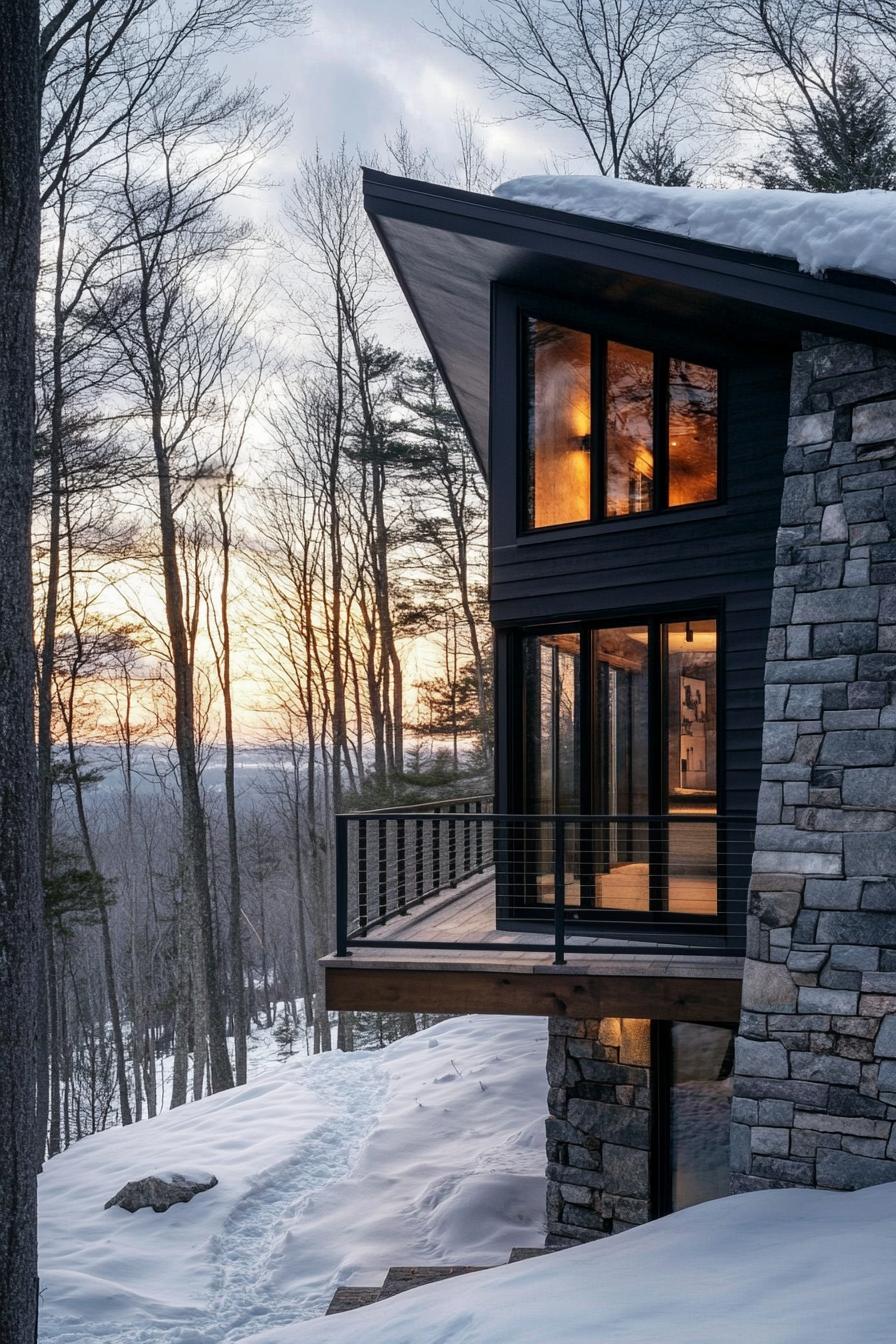 modern forest chalet in stone siding and dark wood details large porch with metal railings v 6.1