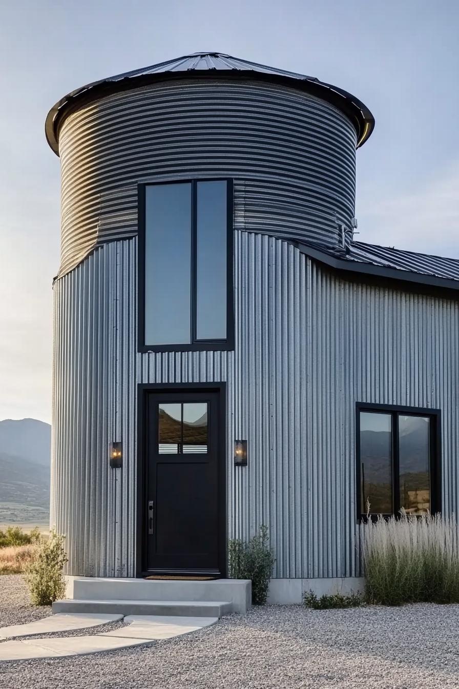 modern house built from a grain silo corrugated metal siding black door and black trim modern windows black roof trim gravel yard mountain range 1