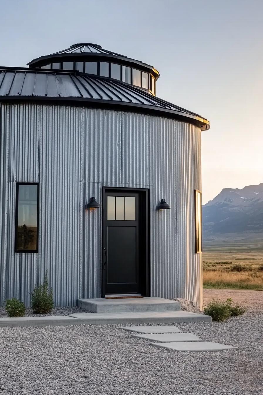 modern house built from a grain silo corrugated metal siding black door and black trim modern windows black roof trim gravel yard mountain range 2