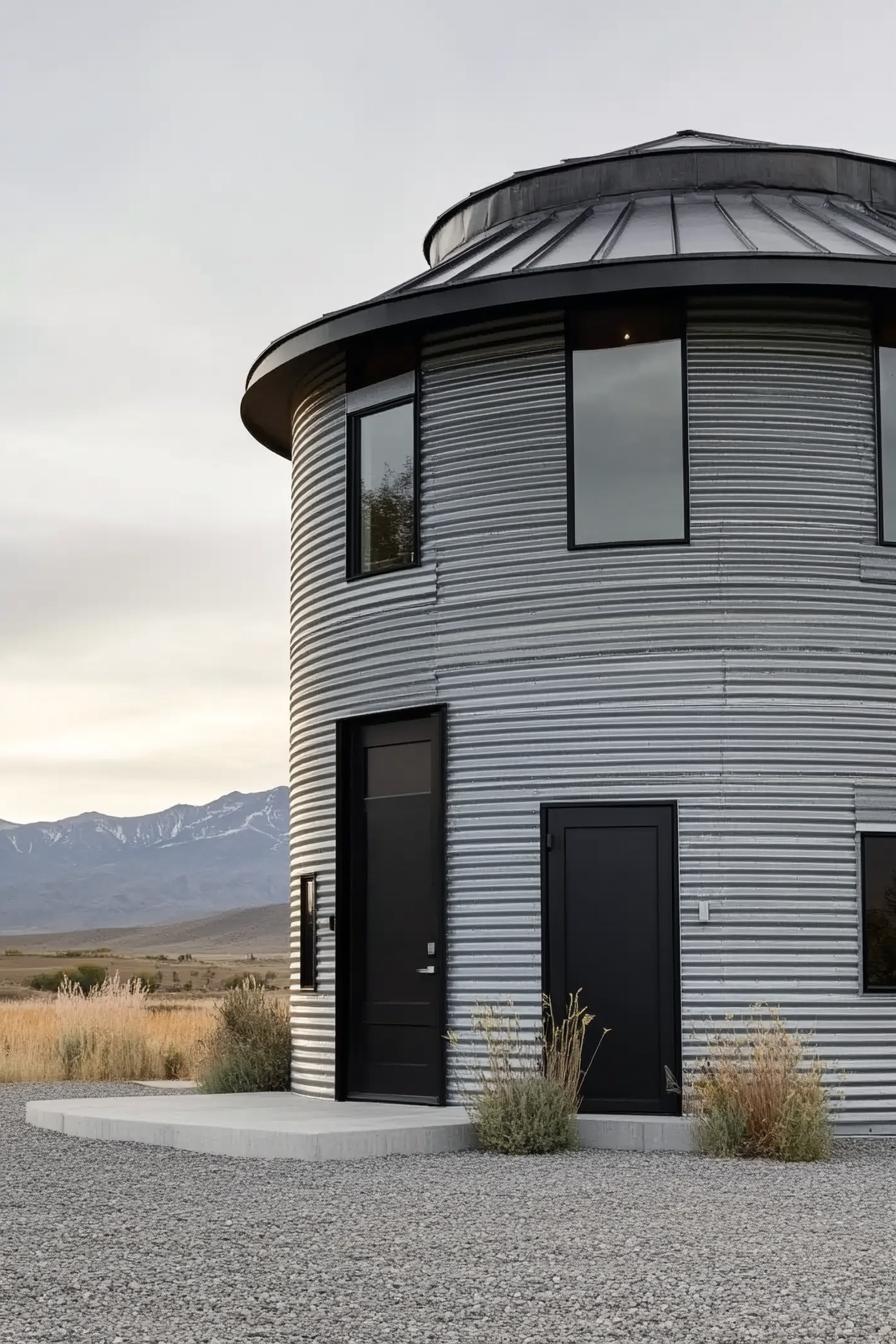 modern house built from a grain silo corrugated metal siding black door and black trim modern windows black roof trim gravel yard mountain range 3