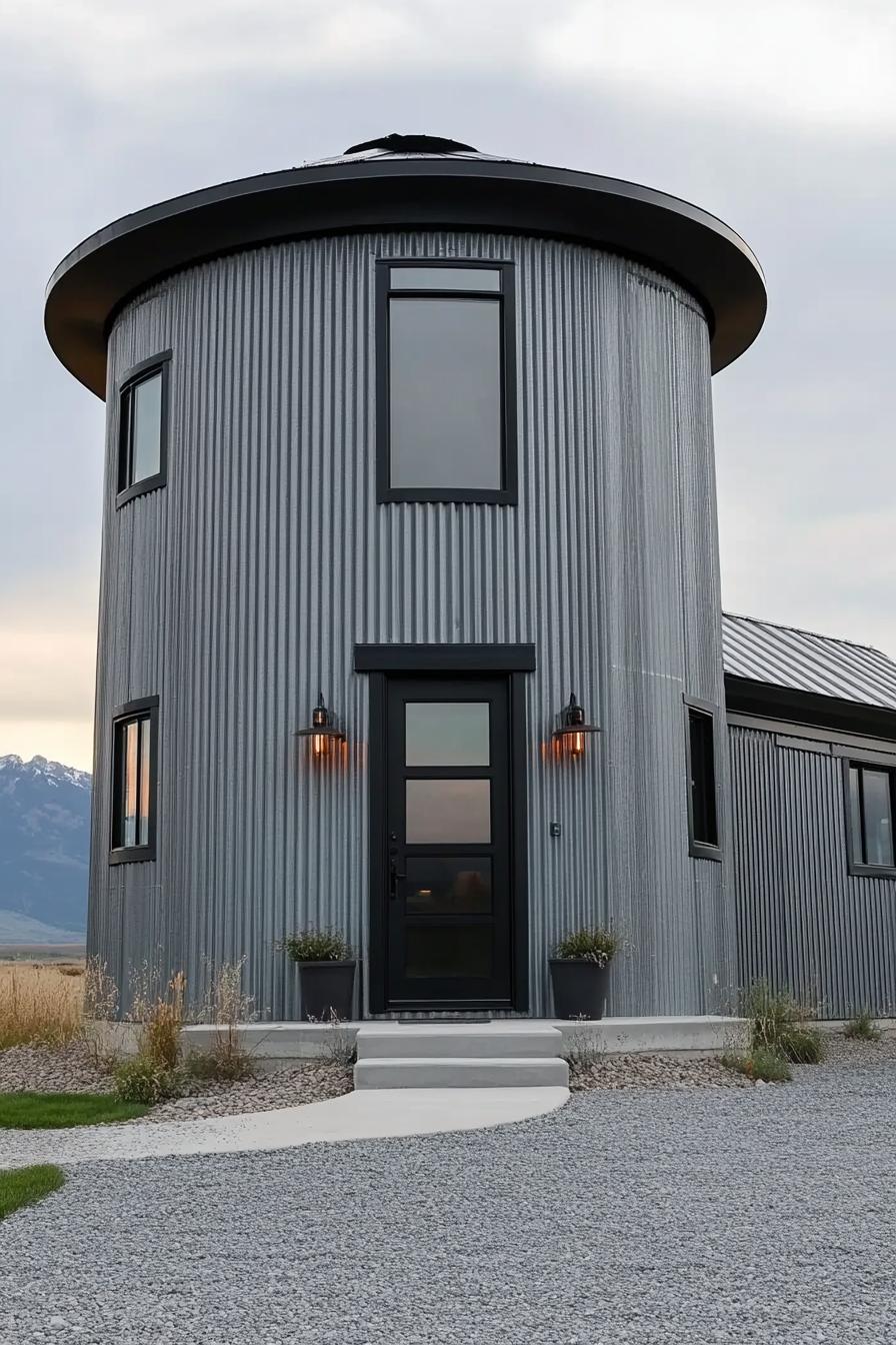 modern house built from a grain silo corrugated metal siding black door and black trim modern windows black roof trim gravel yard mountain range