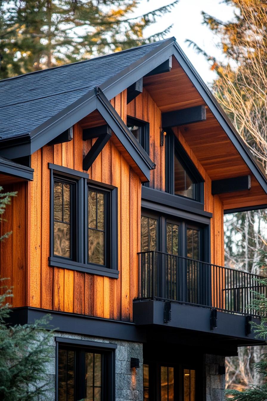 Wood-paneled house with black-trimmed windows