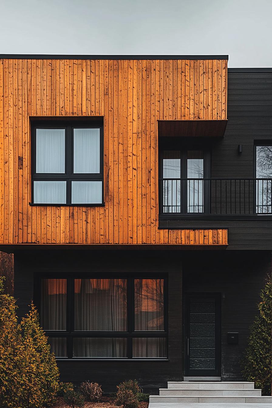 Wooden facade with black accents and large windows