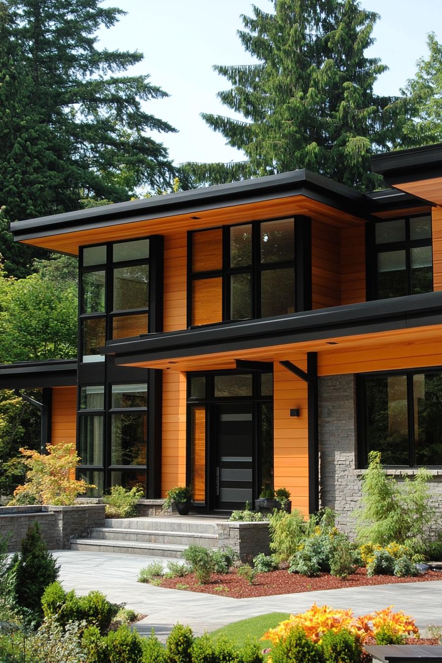 Modern wood facade amidst lush green garden