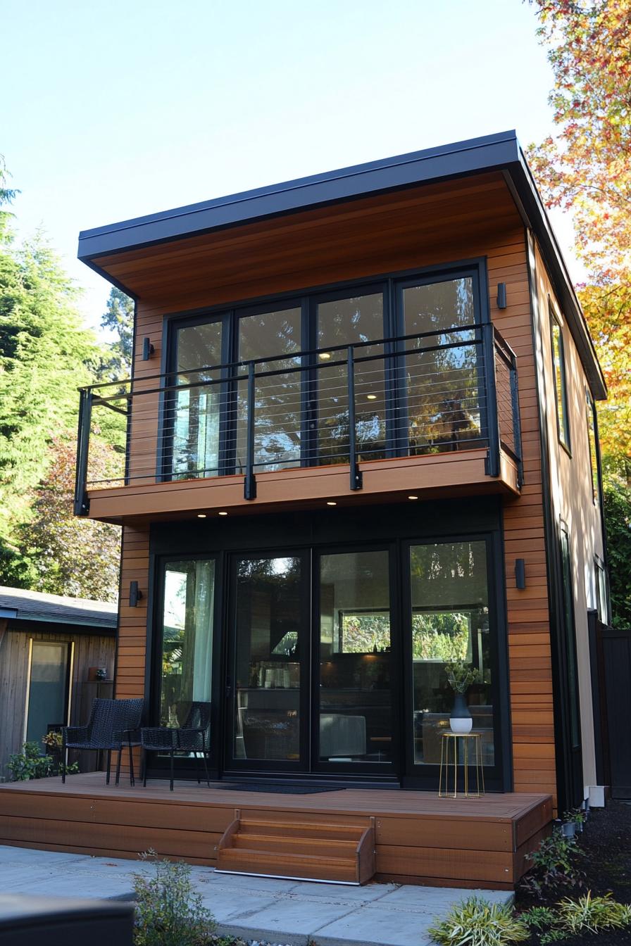 modern luxury tiny square house 2 stories balcony with eaves glass sliding door full wall windows tiny wooden deck