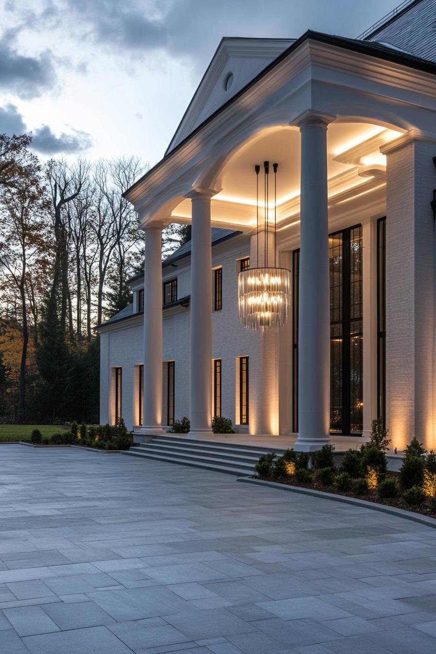 modern mansion with large columns and modlings large front arch over driveway there is a modern chandelier hanging from the arch the mansion has 1