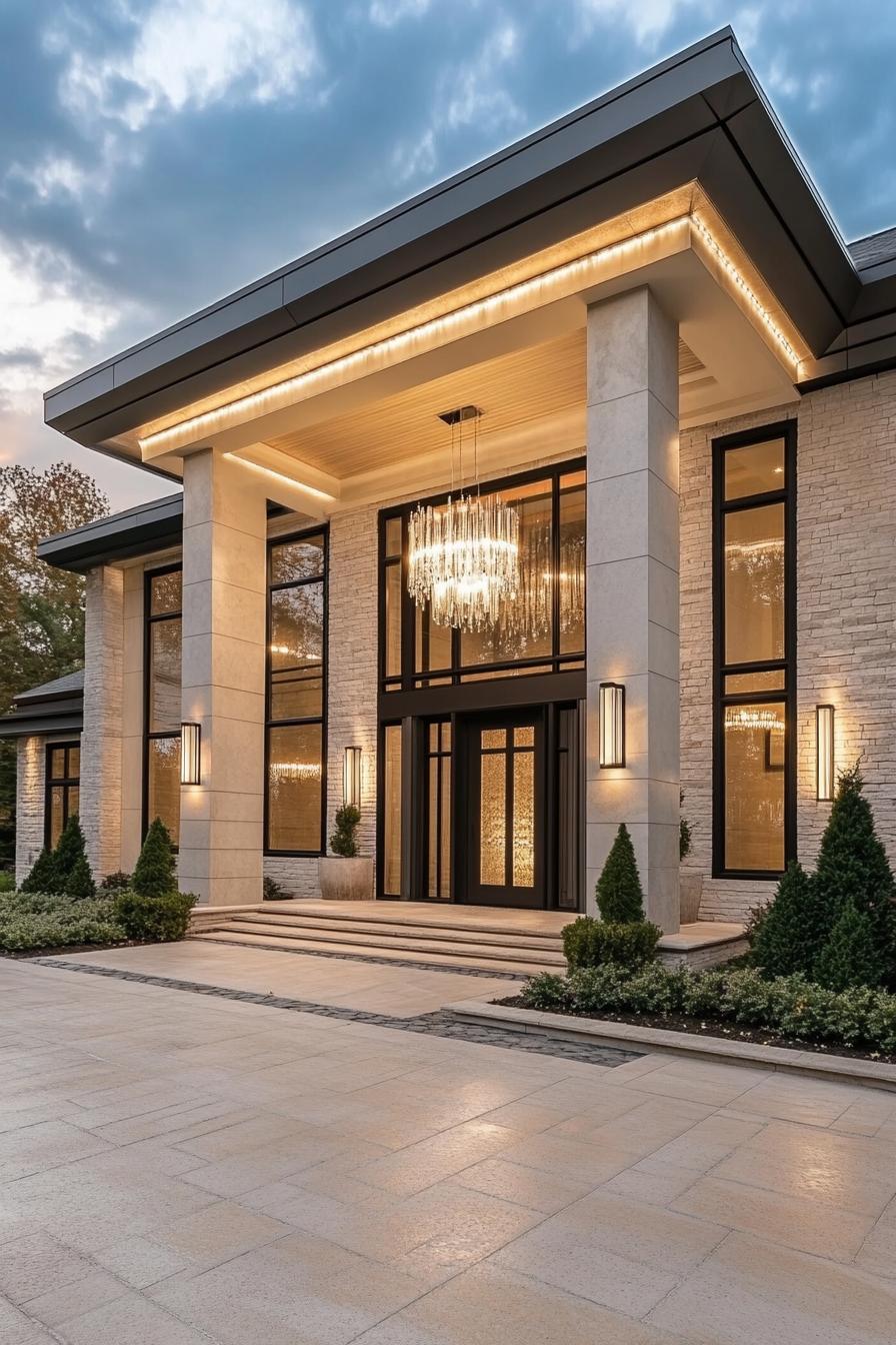 modern mansion with large columns and modlings large front arch over driveway there is a modern chandelier hanging from the arch the mansion has 2