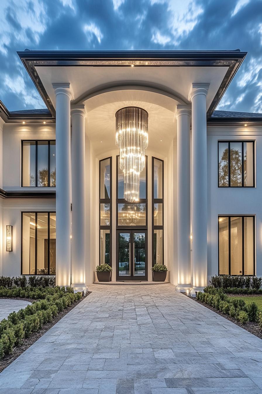 modern mansion with large columns and modlings large front arch over driveway there is a modern chandelier hanging from the arch the mansion has 3