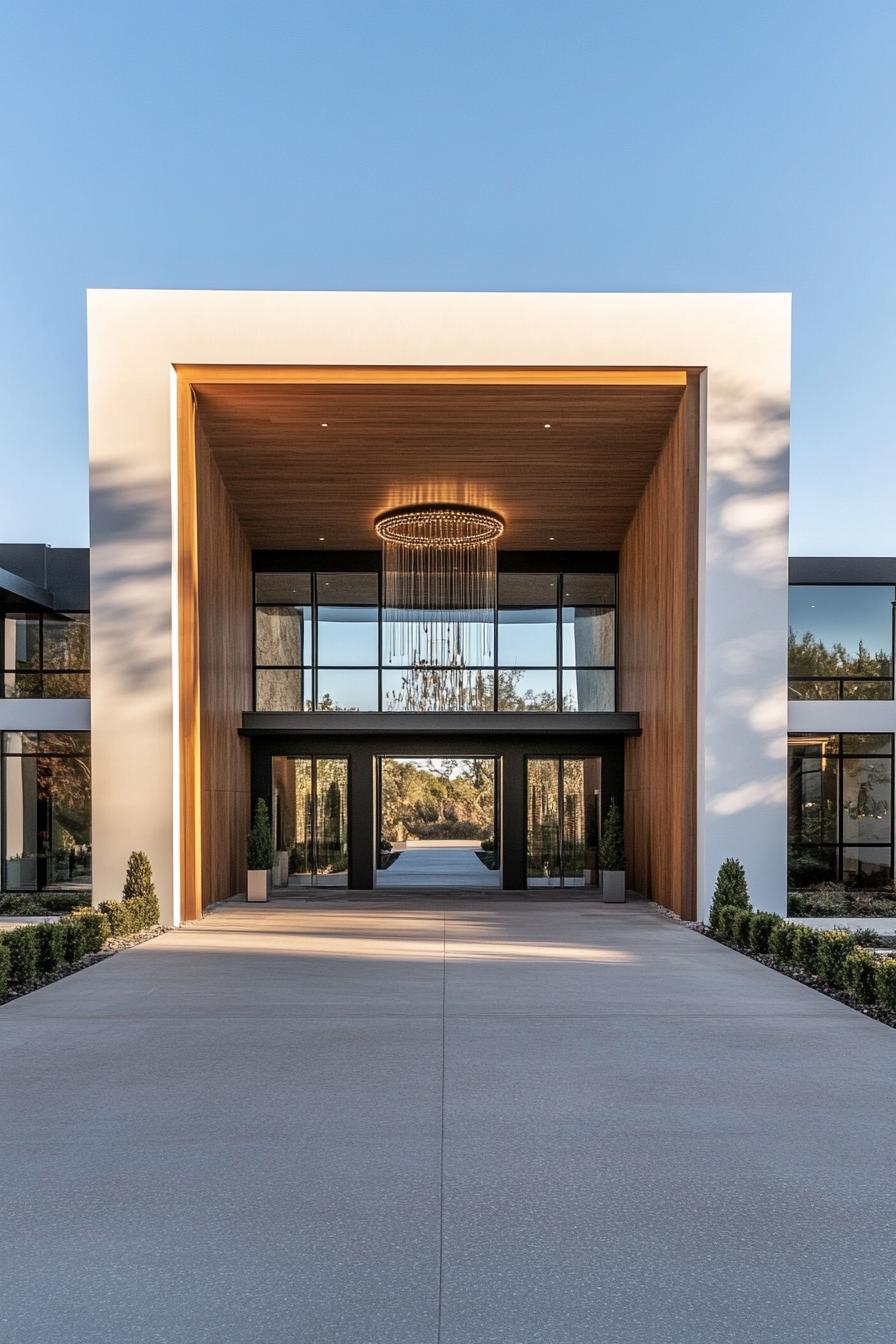 modern mansion with large columns and modlings large front arch over driveway there is a modern chandelier hanging from the arch the mansion has