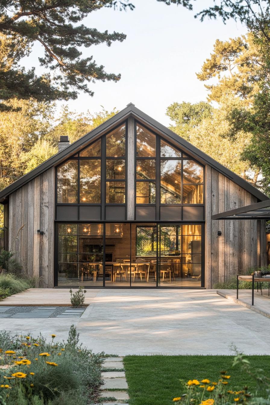 Modern barn house with large glass front at sunset