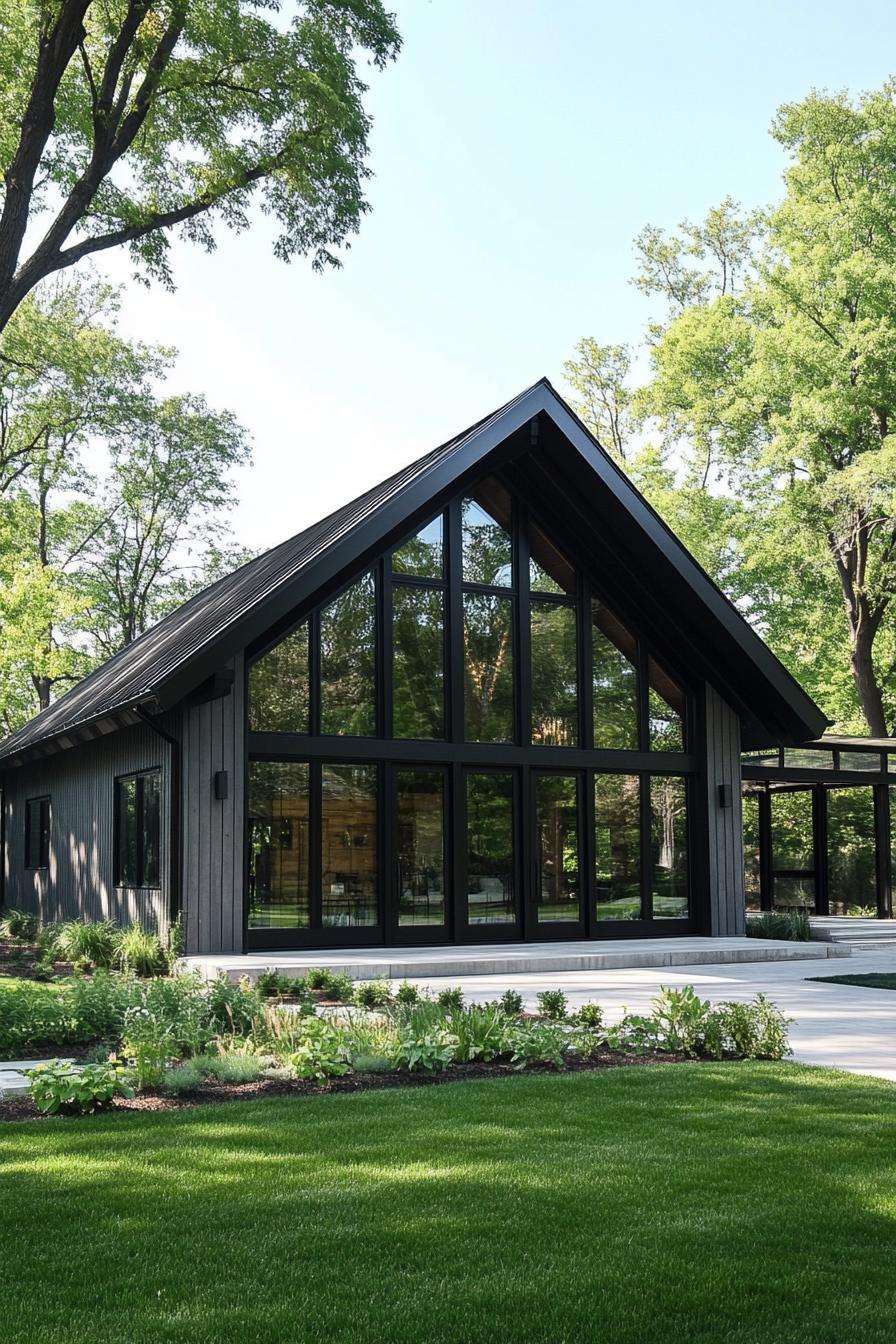 Modern barn house with large glass windows and lush surroundings