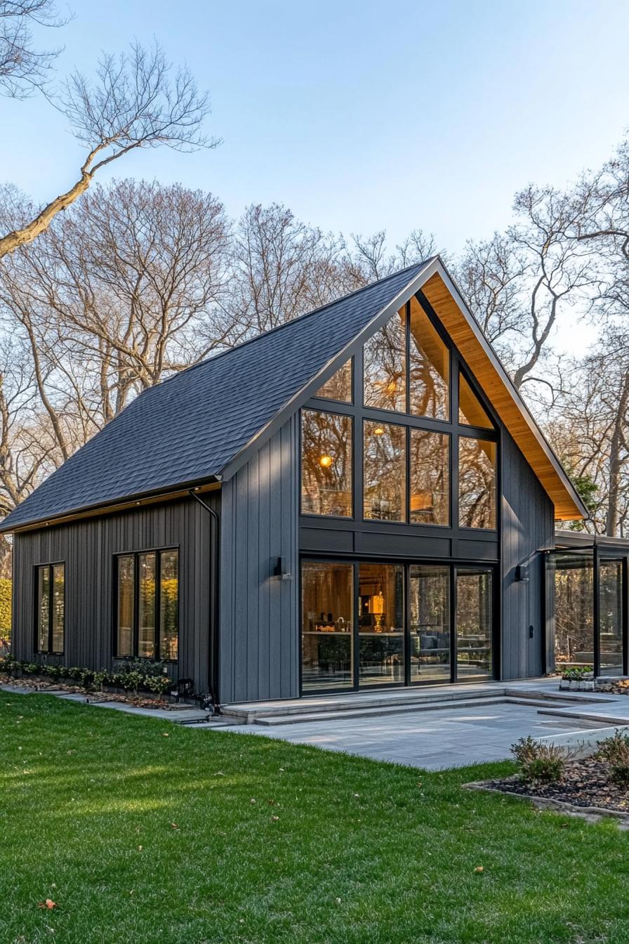 Modern barn house with large glass windows surrounded by trees