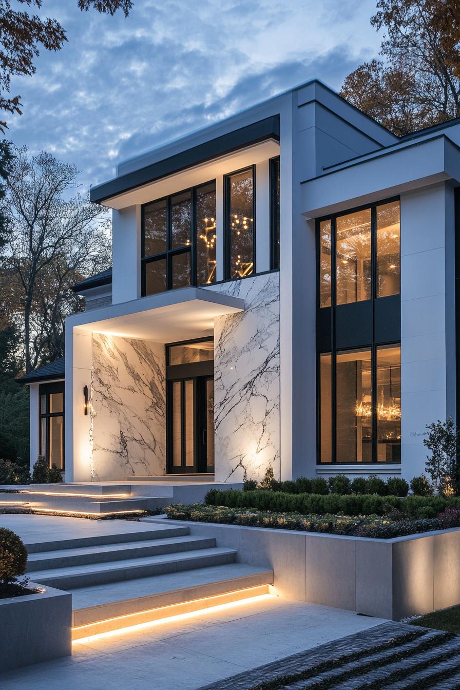 modern villa design with geometric cascading facade white siding inset windows with black trim large accent white marble front wall with LED 1