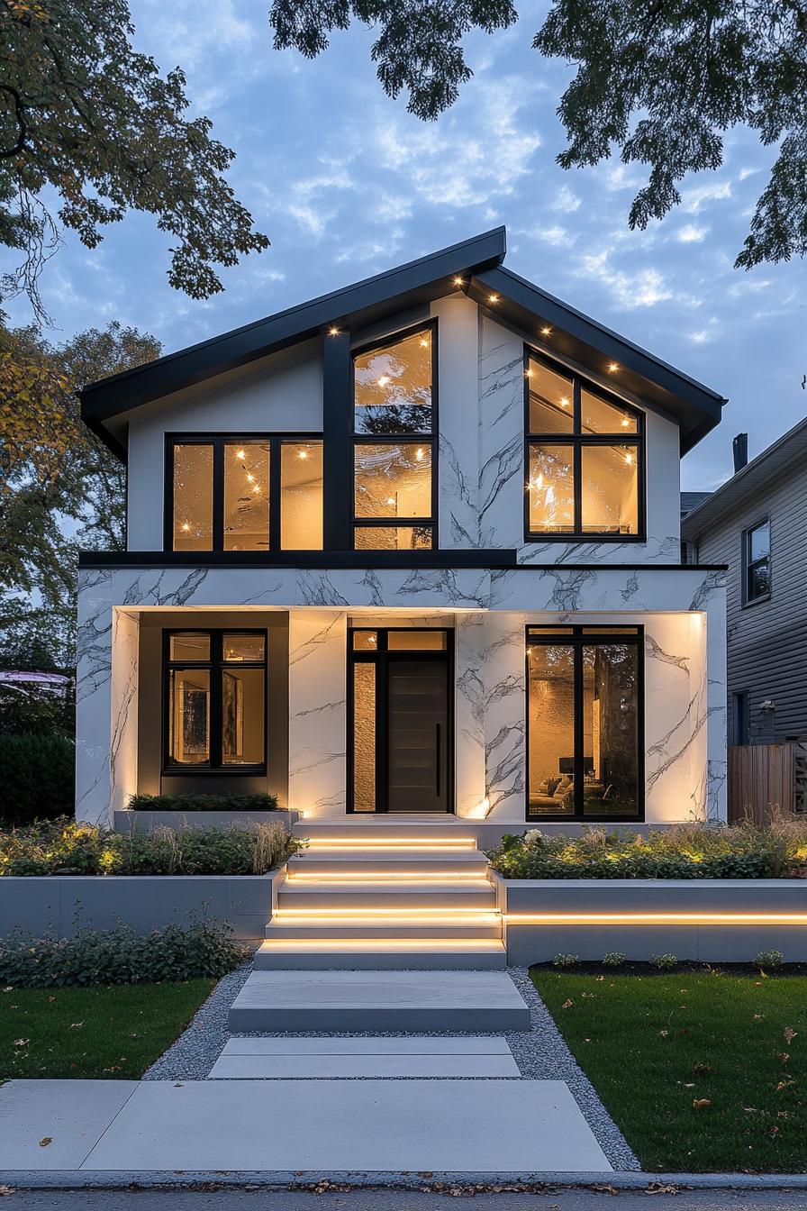 modern villa design with geometric cascading facade white siding inset windows with black trim large accent white marble front wall with LED 2