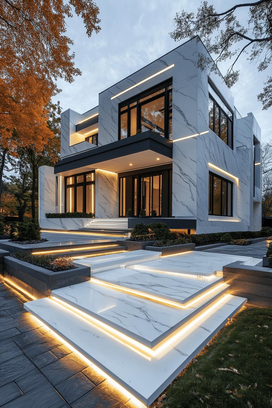 modern villa design with geometric cascading facade white siding inset windows with black trim large accent white marble front wall with LED 3