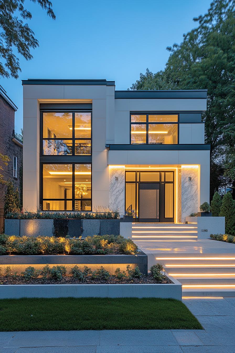 modern villa design with geometric cascading facade white siding inset windows with black trim large accent white marble front wall with LED