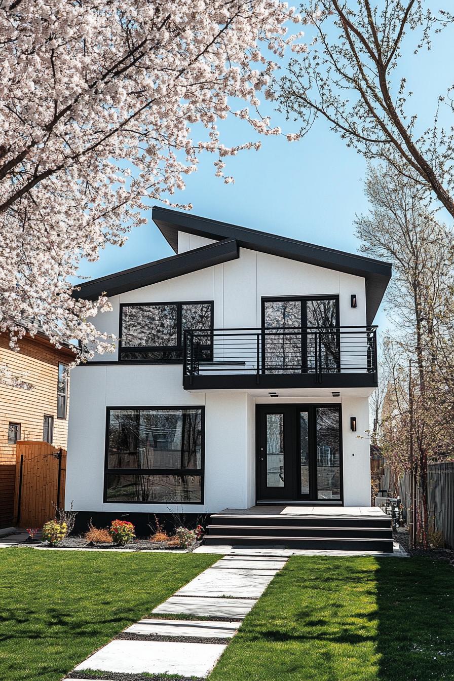 modern white stucco cottage house with black trim black multi pitched roof black metal balconies front yard with cherry trees 1