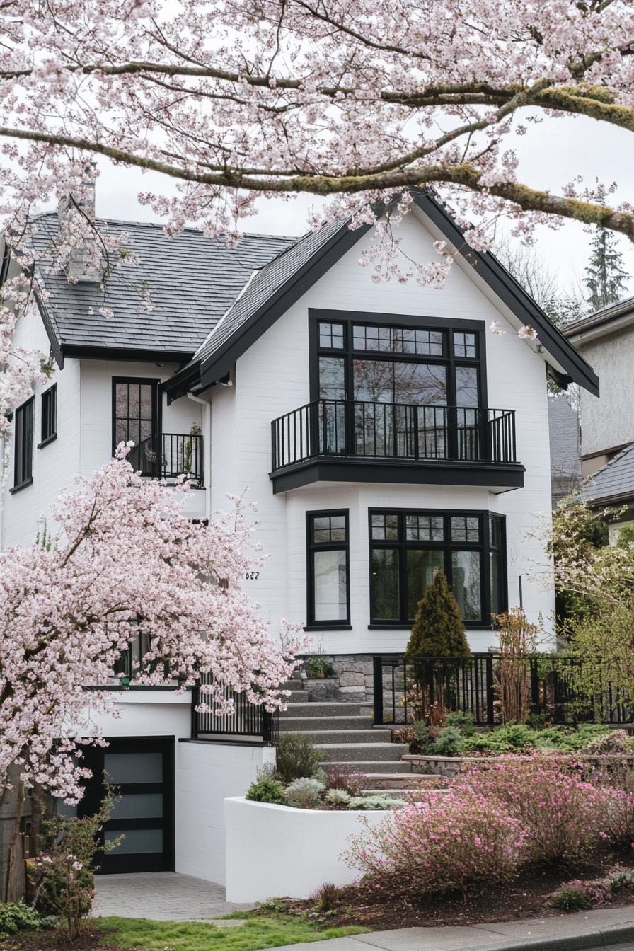 modern white stucco cottage house with black trim black multi pitched roof black metal balconies front yard with cherry trees 2