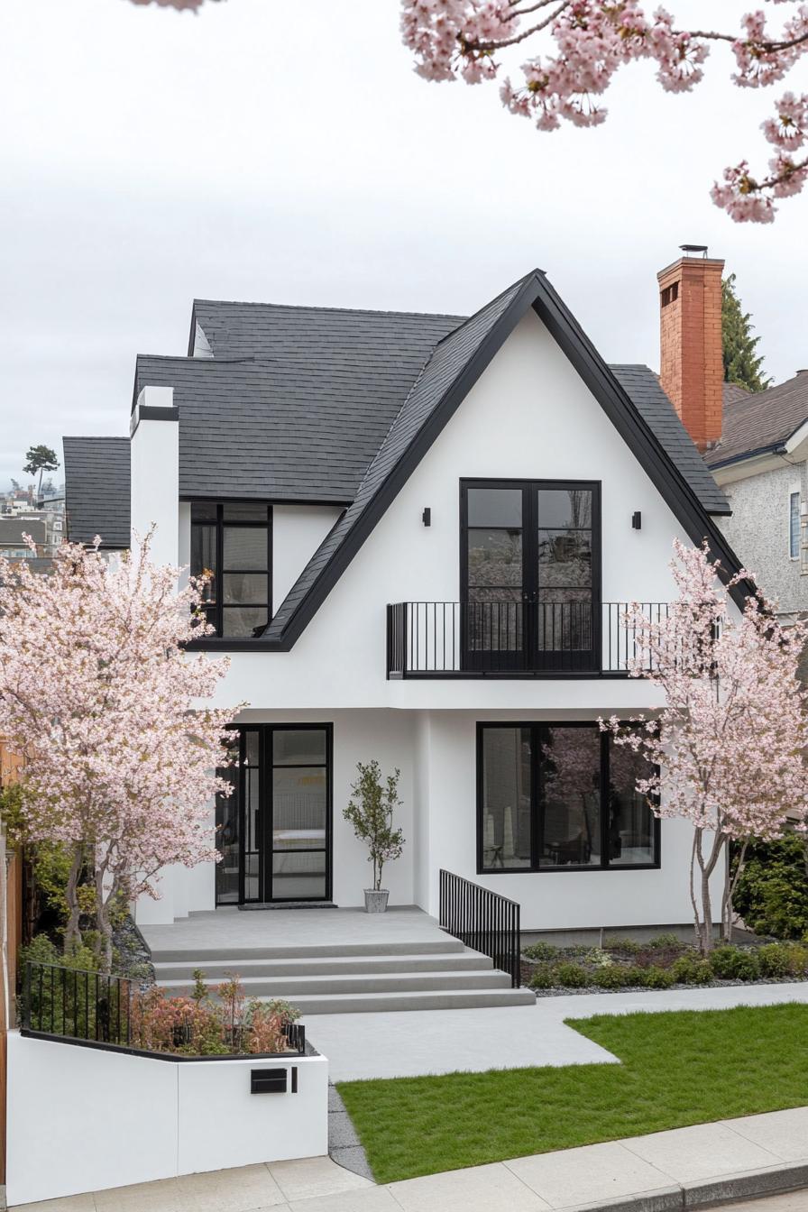 modern white stucco cottage house with black trim black multi pitched roof black metal balconies front yard with cherry trees 3