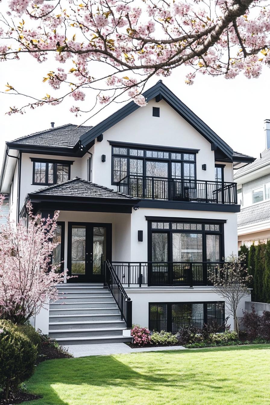 modern white stucco cottage house with black trim black multi pitched roof black metal balconies front yard with cherry trees