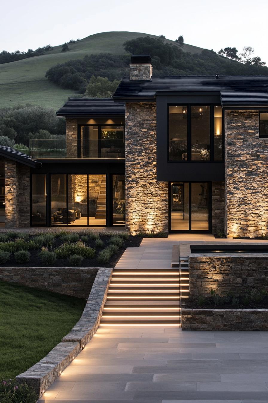 multi terrace mansion with stone siding and stone steps with glass railings facade with black accents black roof the steps and paved landscape is 1