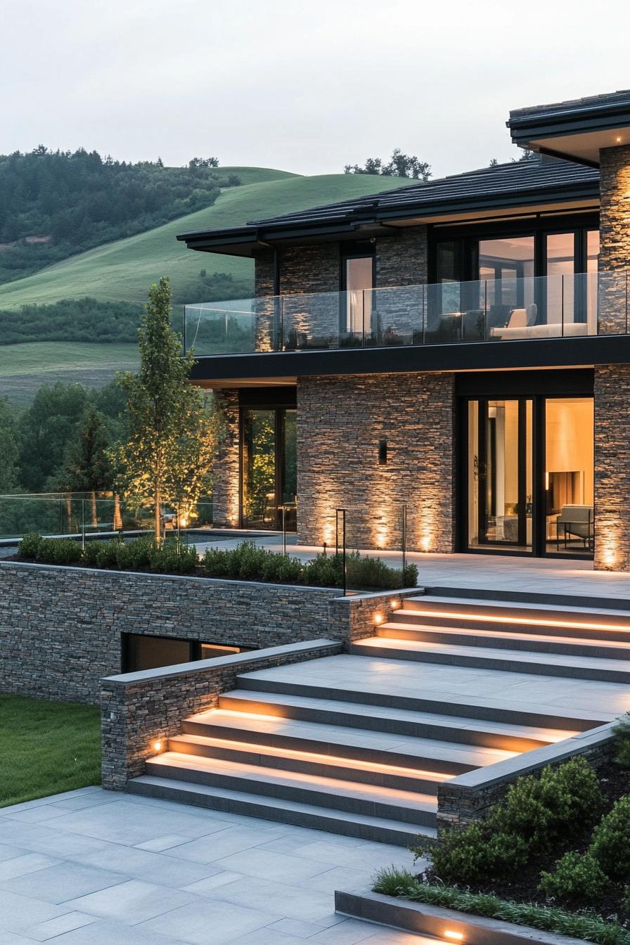 multi terrace mansion with stone siding and stone steps with glass railings facade with black accents black roof the steps and paved landscape is