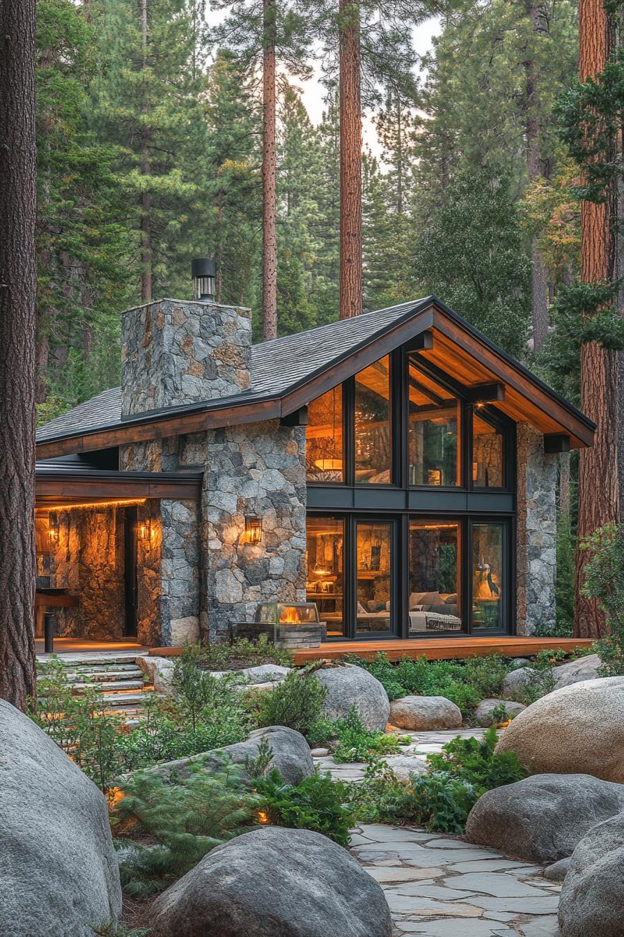 Modern cabin surrounded by tall trees and large rocks