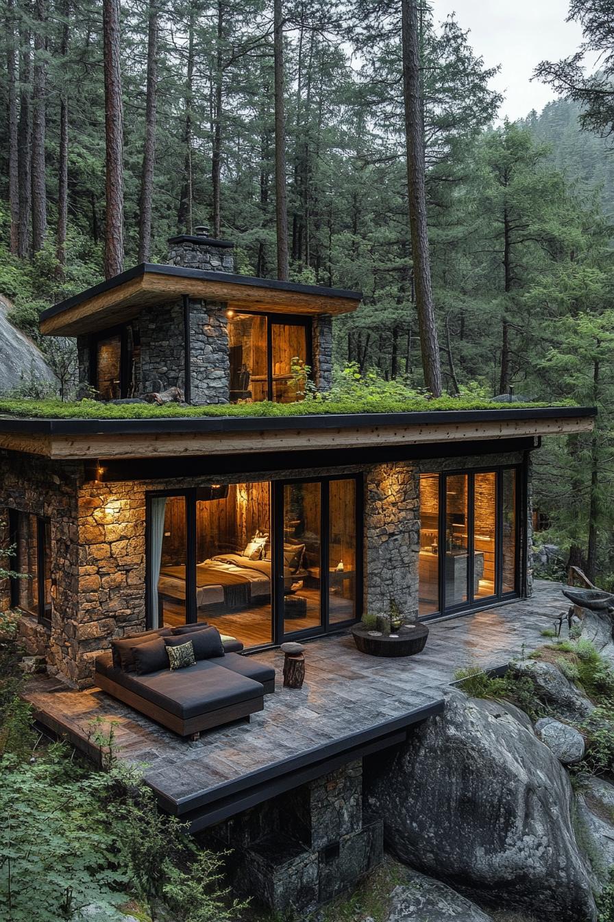 Rustic stone cabin among tall trees