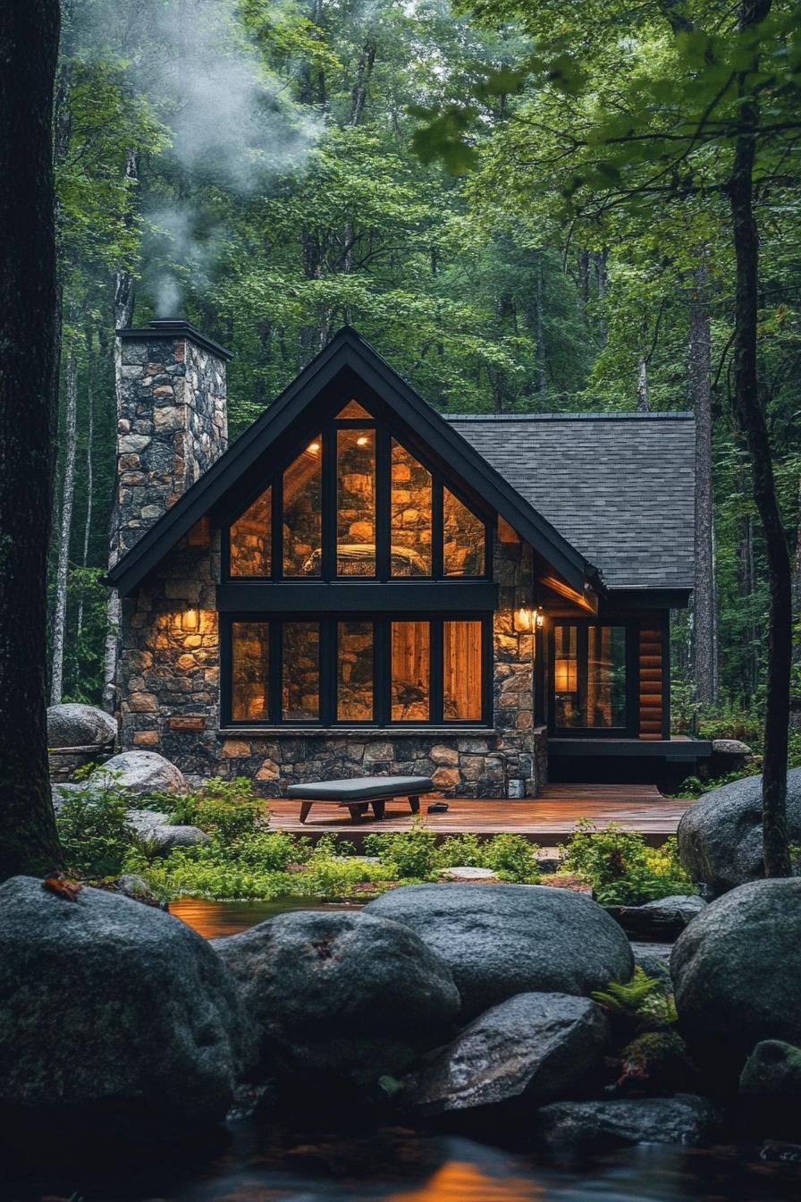 Stone cabin with warm lighting in a forest setting