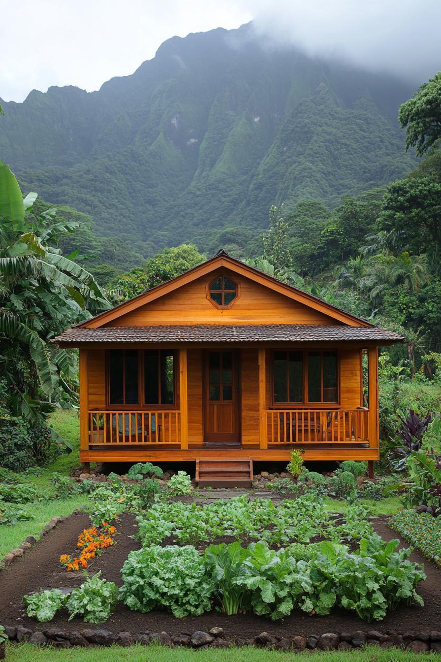 Small wooden cabin with a garden and mountain backdrop