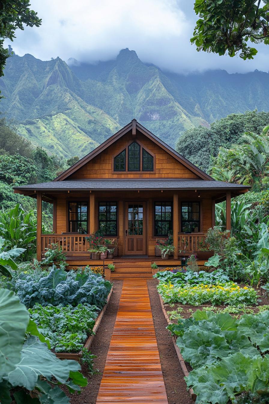 Rustic cabin with a front porch nestled in lush greenery