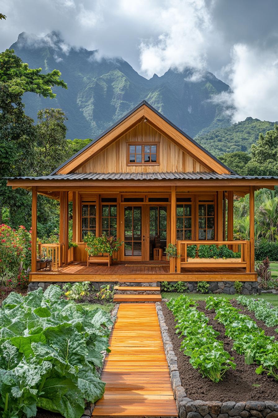 Wooden cabin surrounded by lush greenery and a mountain view