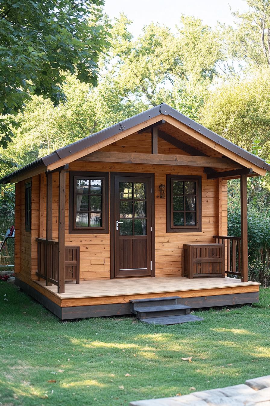 Wooden cabin surrounded by lush green trees